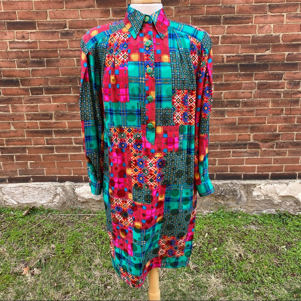 VTG 80s Anne Crimmins multi color silk shirt dress, 10
